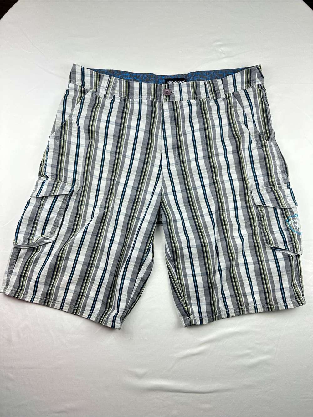 Men’s Plaid Cargo Shorts Grey Blue Striped Utility Casual Summer Streetwear 38